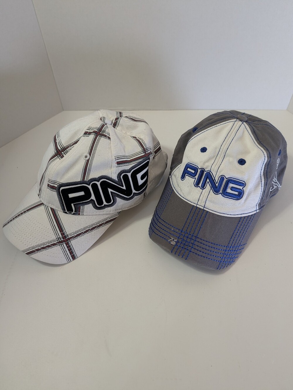 PING Junior Hat Lot of 2 Adjustable Golf Hats Gray/White/Blue White Stripes Logo
